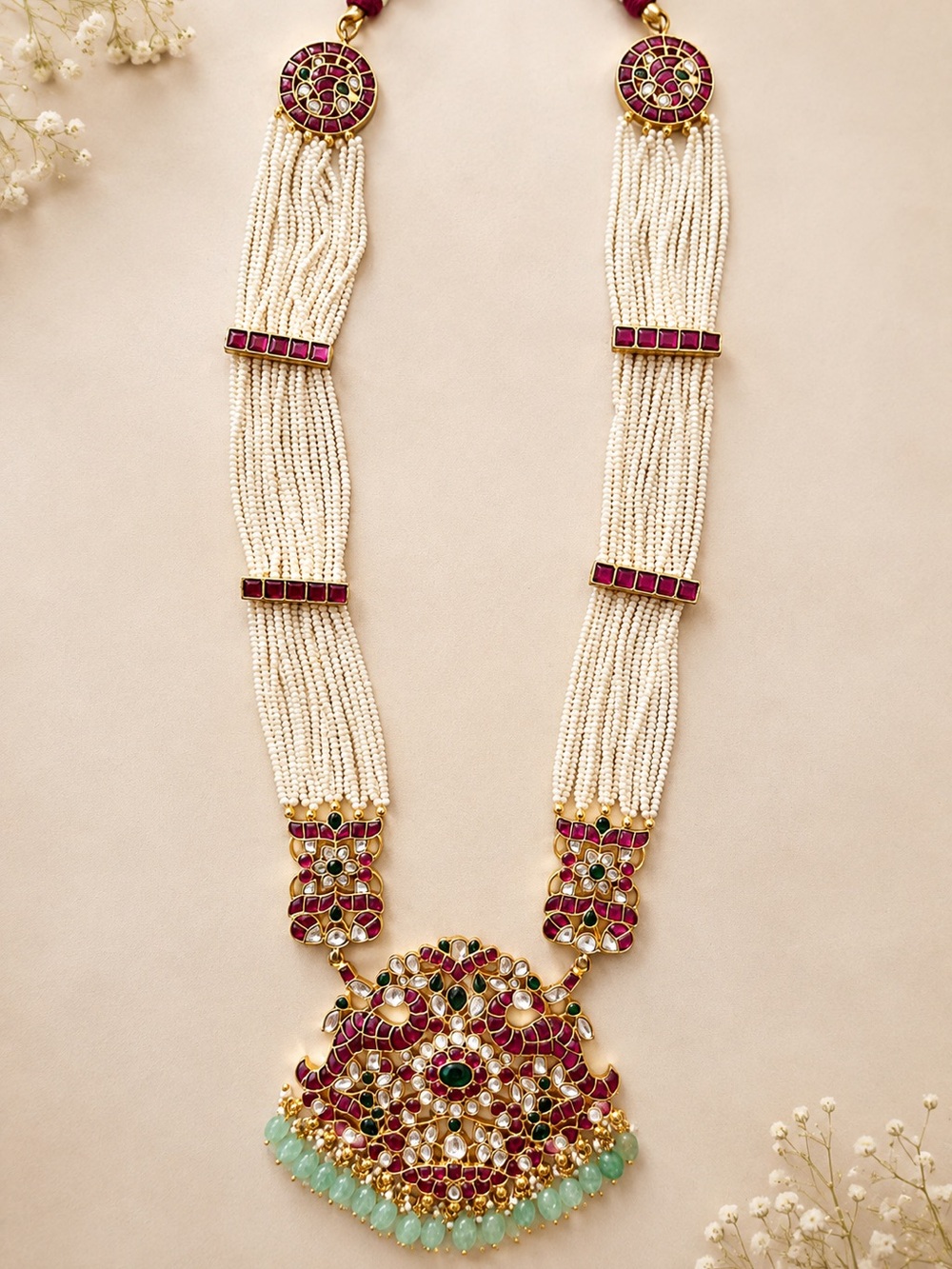 Traditional Multi-Strand Pearl Necklace with Ruby and Green Accents - Indian